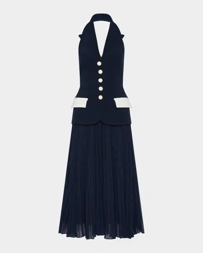 Rebecca Vallance Ula Halter Lapel Pleated Midi Dress In Blue