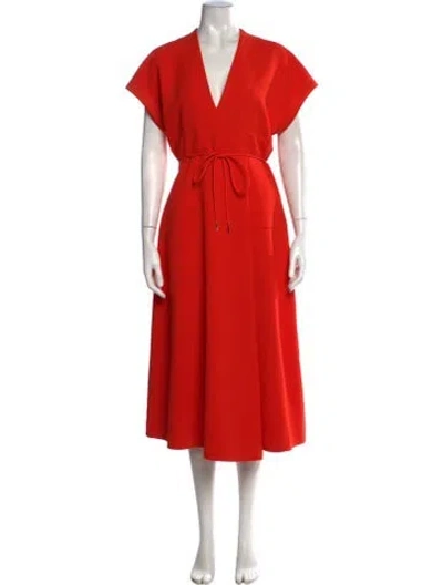 Pre-owned Rebecca Vallance V-neck Midi Length Dress In Orange