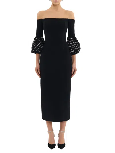 Rebecca Vallance Bellatrix Off-the-shoulder Crystal-embellished Crepe Midi Dress In Black
