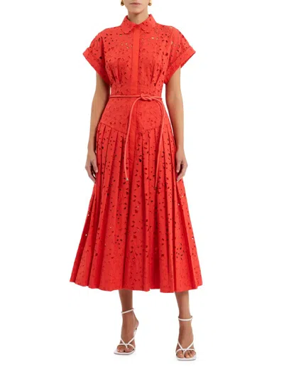 Rebecca Vallance Blaire Belted Guipure Lace Cotton Midi Shirt Dress In Red
