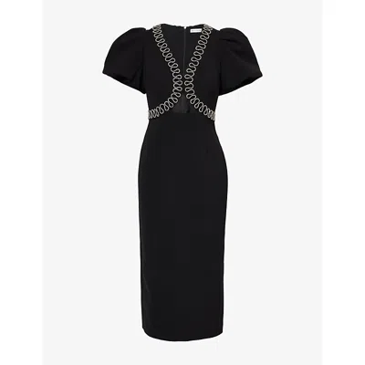 REBECCA VALLANCE WOMENS BLACK NYX PUFF-SLEEVE CREPE MIDI DRESS