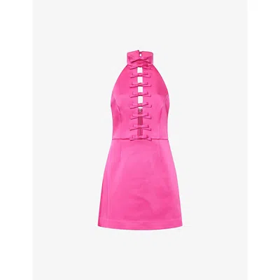 Rebecca Vallance Womens Saskia Bow Halterneck Woven Mini Dress Hot Pink