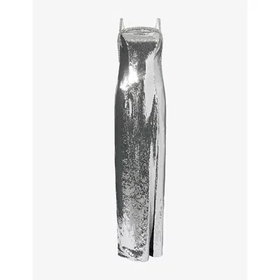 REBECCA VALLANCE WOMENS SILVER GRYM OLYMPIA OPEN-BACK SEQUIN-EMBELLISHED GOWN