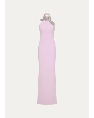 Rebecca Vallance Yolanda Diamante Bow Halter Column Gown In Purple