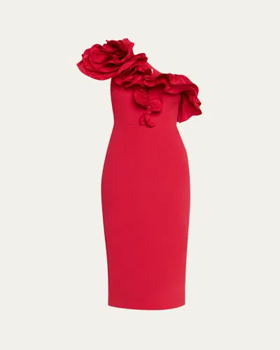 Rebecca Vallance Zarya One-shoulder Ruffle Bodycon Midi Dress In Red