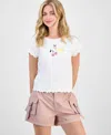 Rebel + Leigh By Iot Juniors' Lettuce-trim Embroidered Short-sleeve Tee