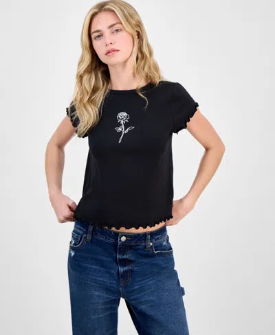 Rebel + Leigh By Iot Juniors' Lettuce-trim Embroidered Short-sleeve Tee
