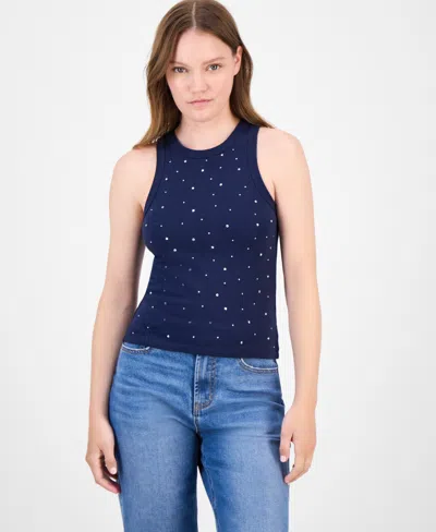 Rebel + Leigh Juniors' Rhinestone Crewneck Tank Top In Blue