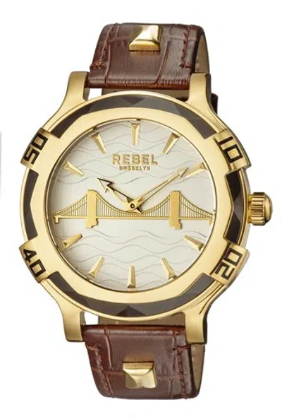 Pre-owned Rebel Men's Rb102-9011 Brooklyn Bridge Gold Ip Steel Brown Leather Wristwatch