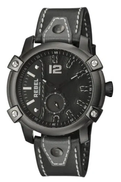 Pre-owned Rebel Men's Rb121-6071 Weeksville Black Ip Steel Black Leather Wristwatch