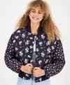 Rebel Veil Juniors' Floral-print Quilted Bomber Jacket In Black