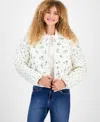 Rebel Veil Juniors' Floral-print Quilted Bomber Jacket In White