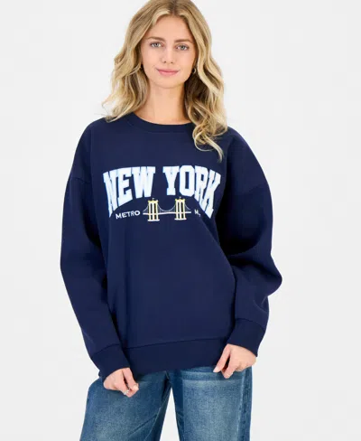 Rebel Veil Juniors' Oversized Embroidered Fleece Sweatshirt In Navy Blazer