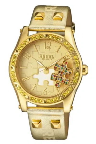 Pre-owned Rebel Women's Rb111-9101 Gravesend Crystals Puzzel-piece Dial Gold Leather Watch