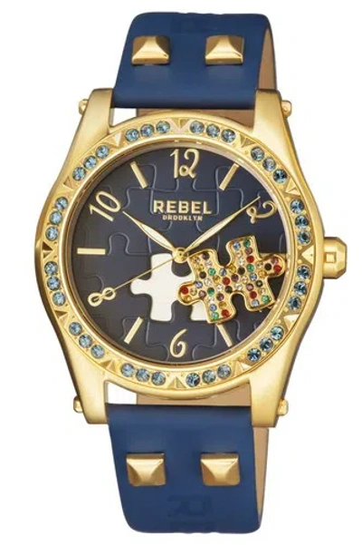 Pre-owned Rebel Women's Rb111-9141 Gravesend Gold Ip Steel Blue Leather Wristwatch