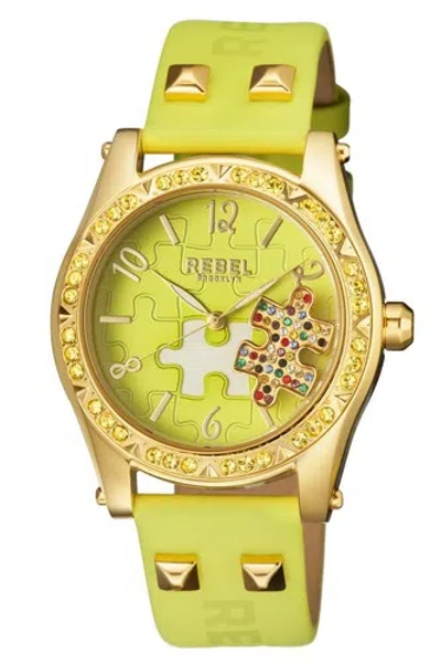 Pre-owned Rebel Women's Rb111-9171 Gravesend Gold Ip Steel Lime-green Leather Wristwatch