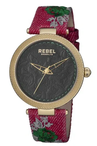 Pre-owned Rebel Women's Rb112-9061 Carroll Gardens Black Dial Flower-print Canvas Watch