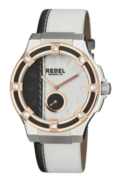 Pre-owned Rebel Women's Rb119-5021 Flatbush Rose-gold Ip Steel White/black Leather Watch