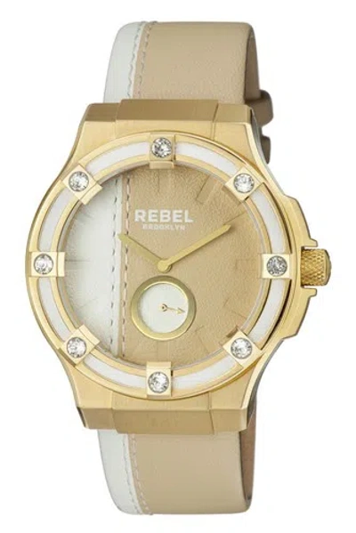 Pre-owned Rebel Women's Rb119-9101 Flatbush Gold Ip White/gold Leather Wristwatch