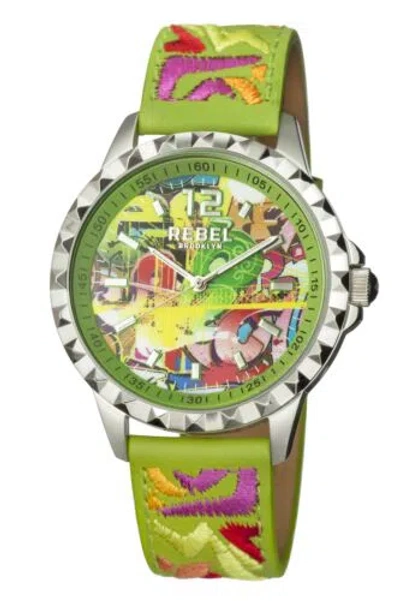 Pre-owned Rebel Women's Rb122-4171 Dumbo Graffiti Lime-green Dial Embroided Leather Watch