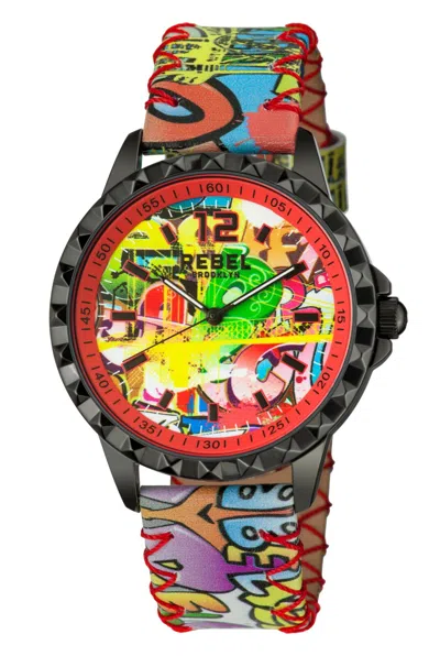 Pre-owned Rebel Women's Rb122-6051 Dumbo Graffiti Dial Printed Red Leather Wristwatch