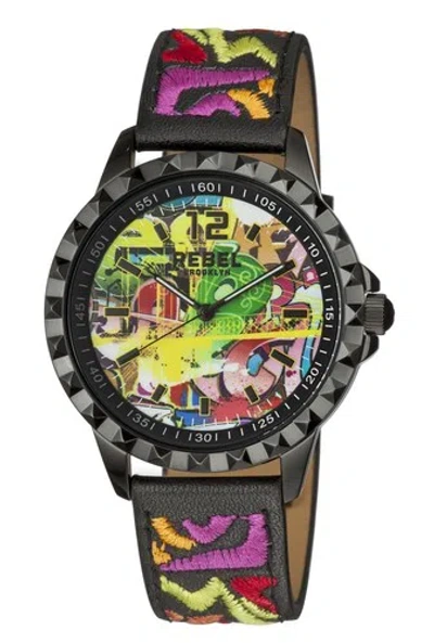 Pre-owned Rebel Women's Rb122-6071 Dumbo Graffiti Dial Printed Black Leather Wristwatch