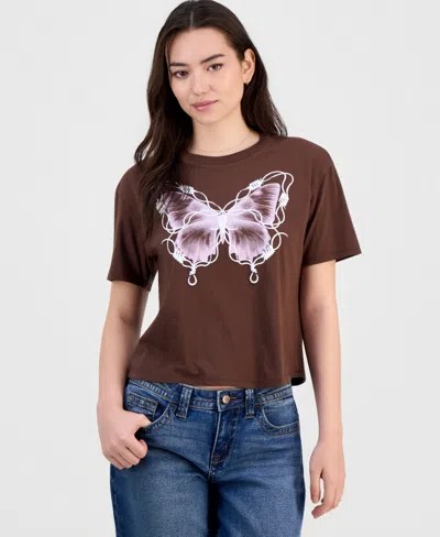Rebellious One Juniors' Barbed Wire Butterfly Graphic T-shirt In Brown