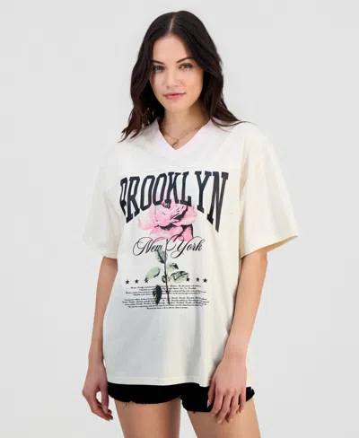 Rebellious One Juniors' Brooklyn Rose V-neck T-shirt In White