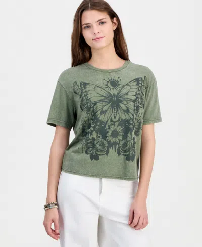 Rebellious One Juniors' Butterfly Mineral-wash Round-neck Tee In Green