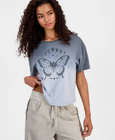 Rebellious One Juniors' Butterfly Moon Graphic Print T-shirt In Gray