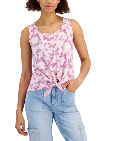 Rebellious One Juniors' Butterfly Tie-front Tank Top In Pink Parfait