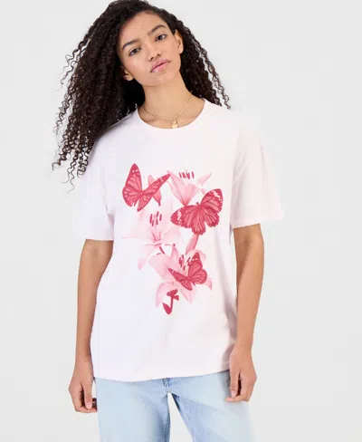 Rebellious One Juniors' Butterfly-graphic Cotton Boyfriend T-shirt In White
