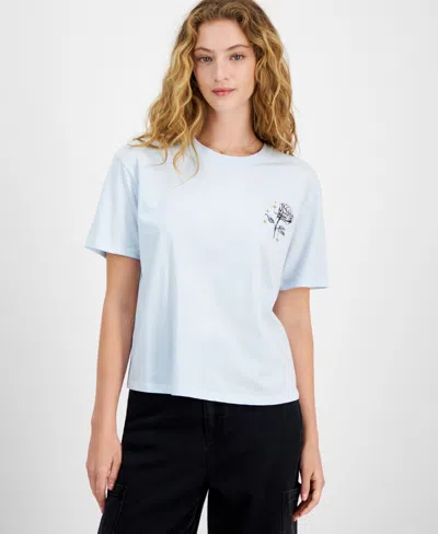 Rebellious One Juniors' Celestial Rose Graphic T-shirt In Delicate Blue