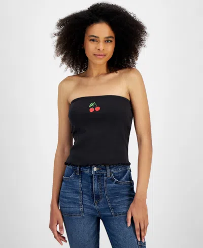 Rebellious One Juniors' Cherry Graphic Ribbed Tube Top In Black