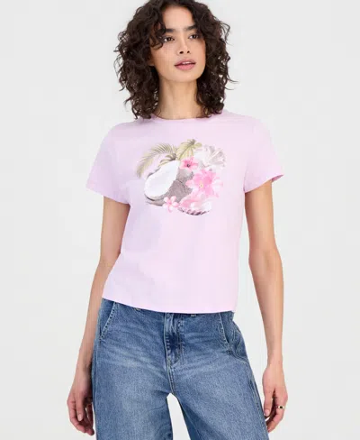 Rebellious One Juniors' Coconut Flower Graphic-print Cotton T-shirt In Purple