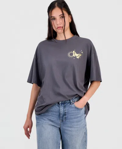 Rebellious One Juniors' Cotton Butterfly Graphic T-shirt In Purple