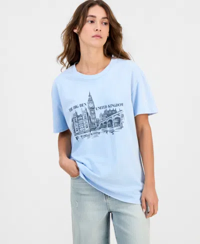 Rebellious One Juniors' Cotton London Big Ben Mineral-wash Tee In Blue