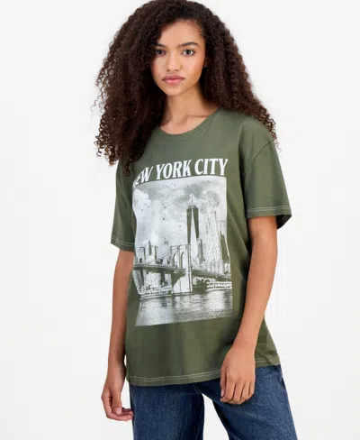 Rebellious One Juniors' Cotton Nyc Graphic T-shirt In Green