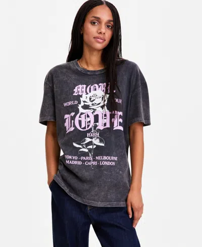 Rebellious One Juniors' Cotton Rose Love Mineral Wash Boyfriend Tee In Gray