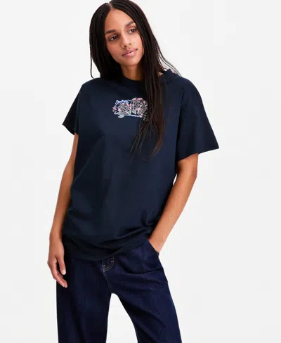 Rebellious One Juniors' Cotton Rose Vibes Boyfriend Tee In Blue