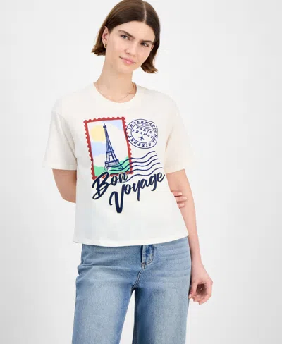 Rebellious One Juniors' Cropped Bon Voyage T-shirt In White
