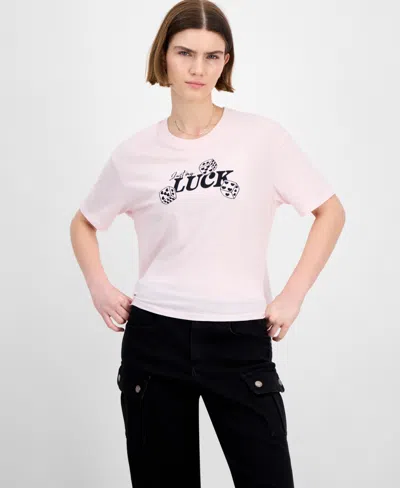 Rebellious One Juniors' Cropped Embroidered Luck T-shirt In Pink