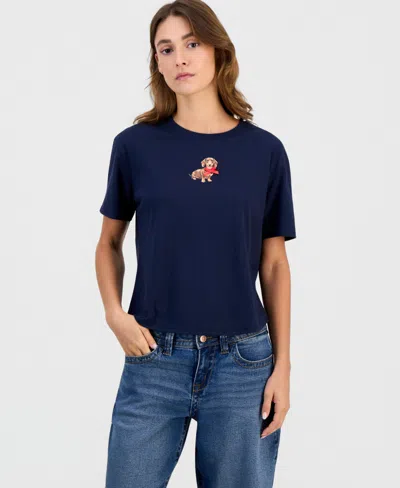 Rebellious One Juniors' Dachshund Bow Graphic Crop Tee In Navy Blazer