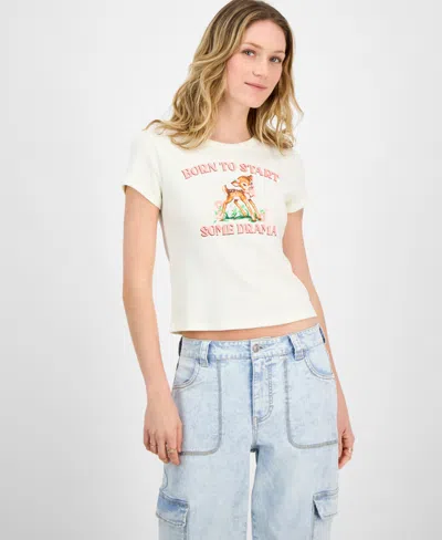 Rebellious One Juniors' Deer Drama Ribbed Knit T-shirt In White