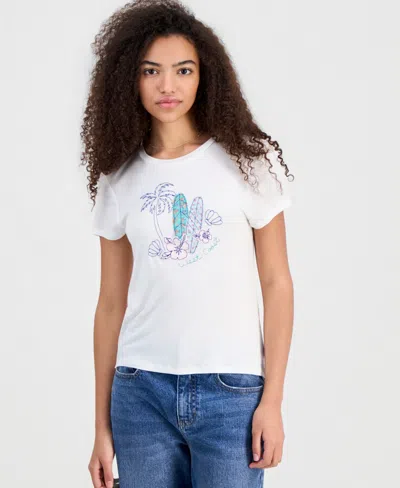 Rebellious One Juniors' Embellished Surfboard Graphic T-shirt In White