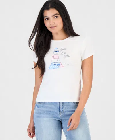 Rebellious One Juniors' Embroidered Crewneck T-shirt In White