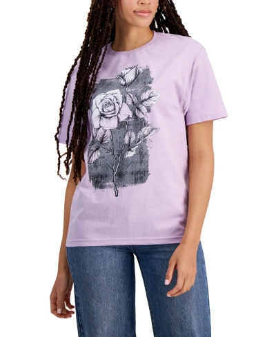 Rebellious One Juniors' Faded-rose-graphic Cotton T-shirt In Fair Orchid