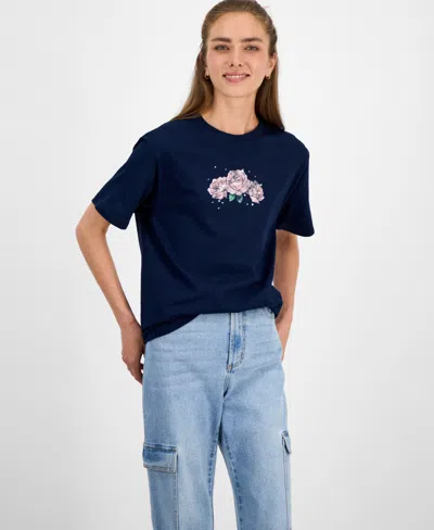 Rebellious One Juniors' Good Vibes Rose Graphic T-shirt In Blue