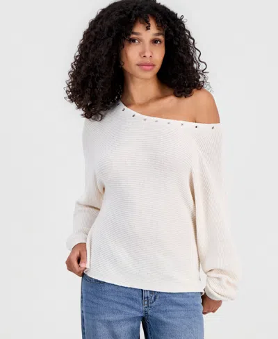 Rebellious One Juniors' Grommet Boat-neck Sweater In White