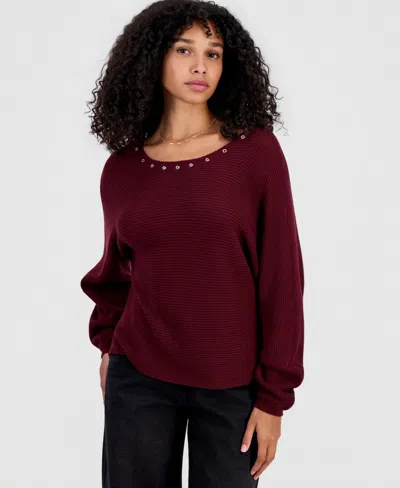 Rebellious One Juniors' Grommet Boat-neck Sweater In Wine